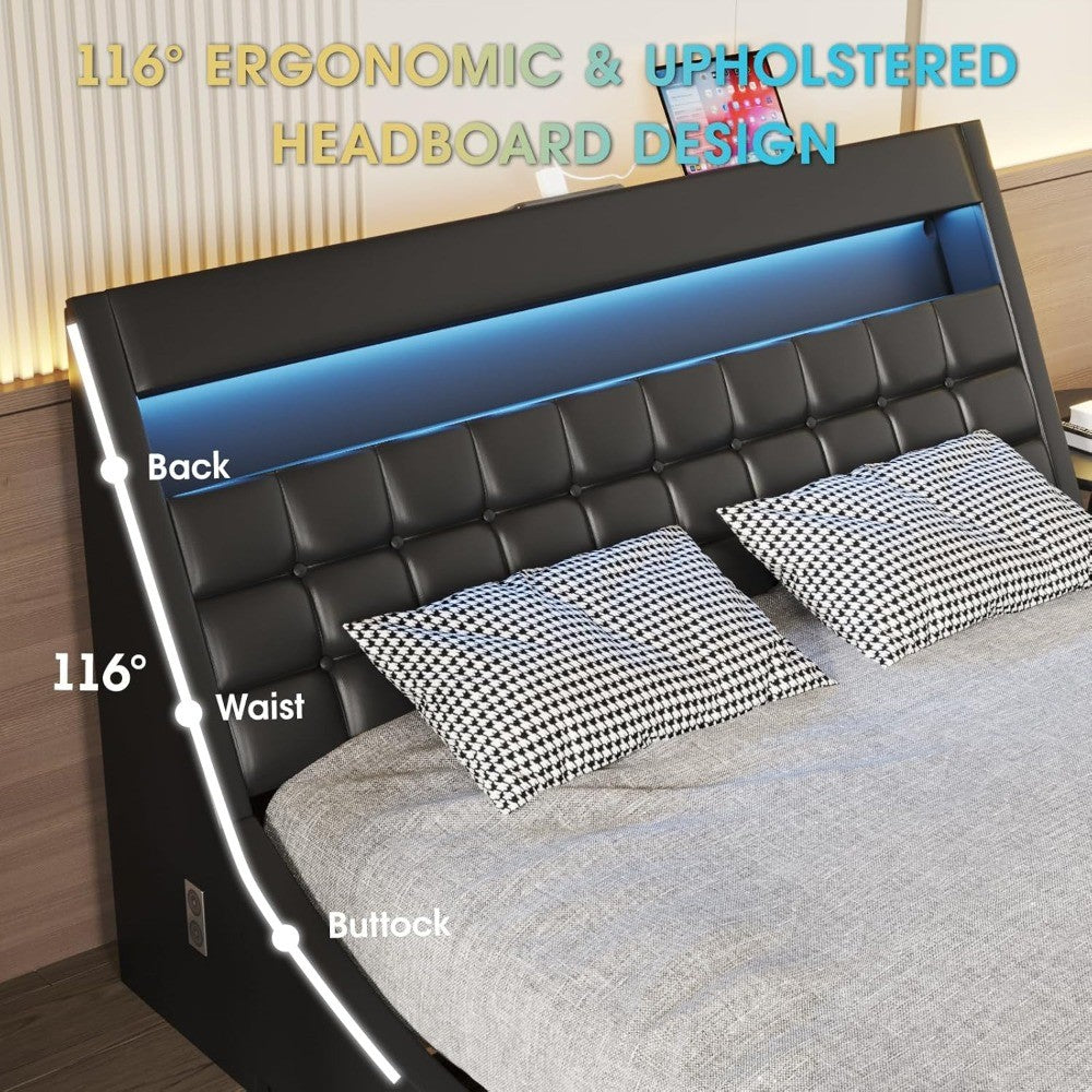 Queen Size LED Bed Frame with Bluetooth Speaker, PU Leather Upholstered Platform Bed Frame with Charging Station, Modern