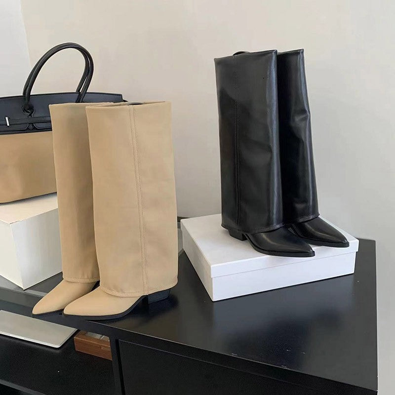 Women Pointed Toe High Boots Fashion Sexy Mid Heels Shoes Woman Chunky Trend Chelsea Boots Pumps Elegant Mujer Snow Goth Botas