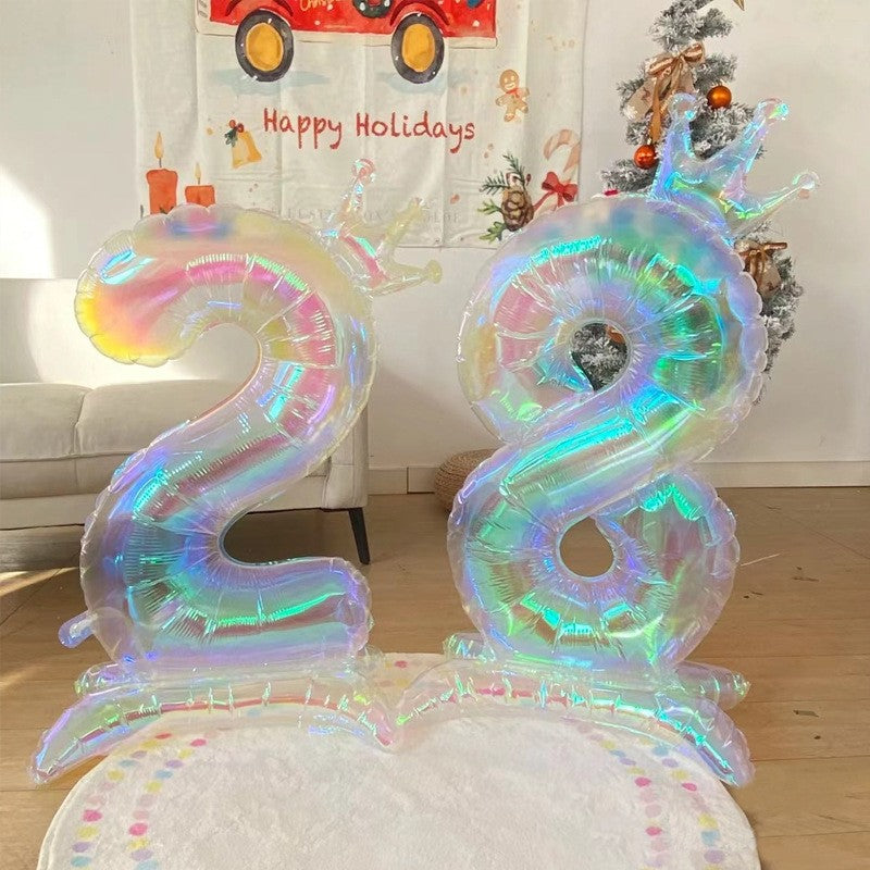 32Inch Transparent Colorful Crown Digital Aluminum Film Balloon with Base Happy Birthday Party Decor Kids Adults Baby Showers
