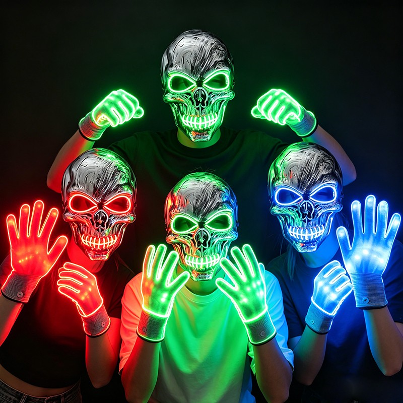 Halloween LED Skull Mask with Light Up Gloves EL Wire Glowing Skeleton Mask Lighted Flashing LED Gloves Set for Cosplay Party