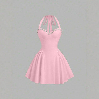 Women Summer Sweet Pink Knittd Mini Suspender Dress Sleeveless Heart Neck Waist Cinching Pleated A-Line Fashion Elegant Dress