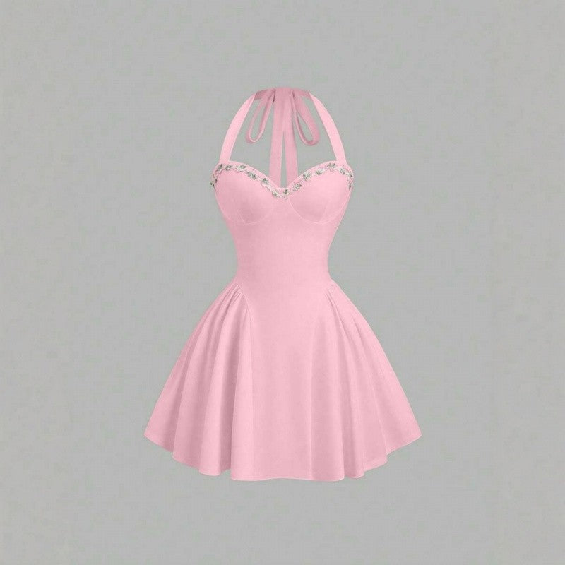 Women Summer Sweet Pink Knittd Mini Suspender Dress Sleeveless Heart Neck Waist Cinching Pleated A-Line Fashion Elegant Dress