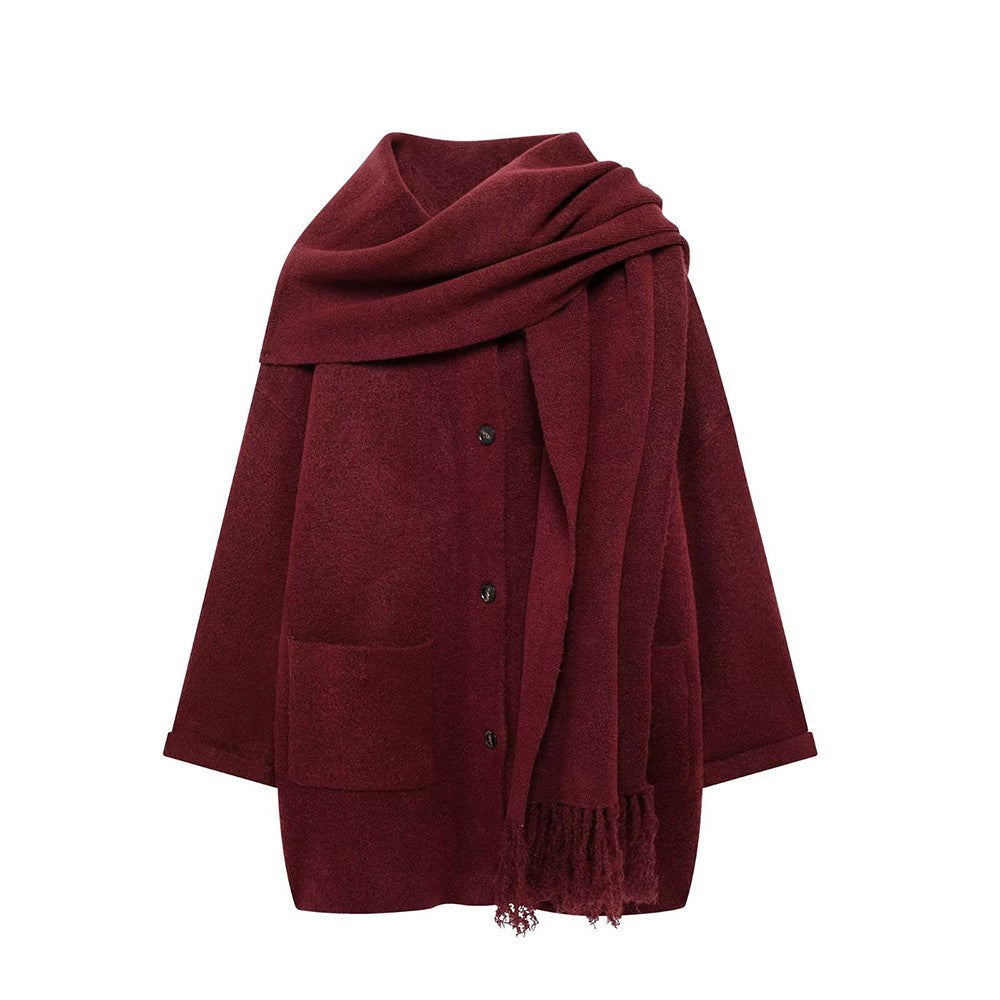 Women's Fashion Scarf Short Knit Coat Jacket Loose Warm Long Sleeve Two Pieces Solid Color High Street O-Neck Outerwear