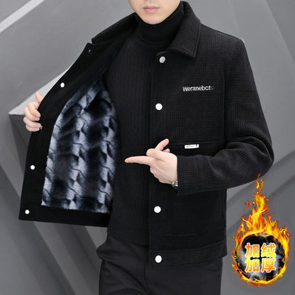 Men's Fleece-Lined Thickened Warm Casual Jacket New Turn-Down Collar Trendy Short Wool Coat Woolen Overcoat