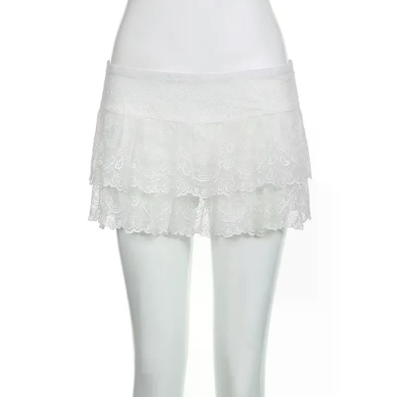 Lace Tulle Skirt A-line Miniskirt Black Solid Low Waist Tiered Lace Shorts Skirts Womens White Fairycore Micro Boho Skirt