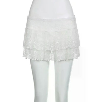 Lace Tulle Skirt A-line Miniskirt Black Solid Low Waist Tiered Lace Shorts Skirts Womens White Fairycore Micro Boho Skirt