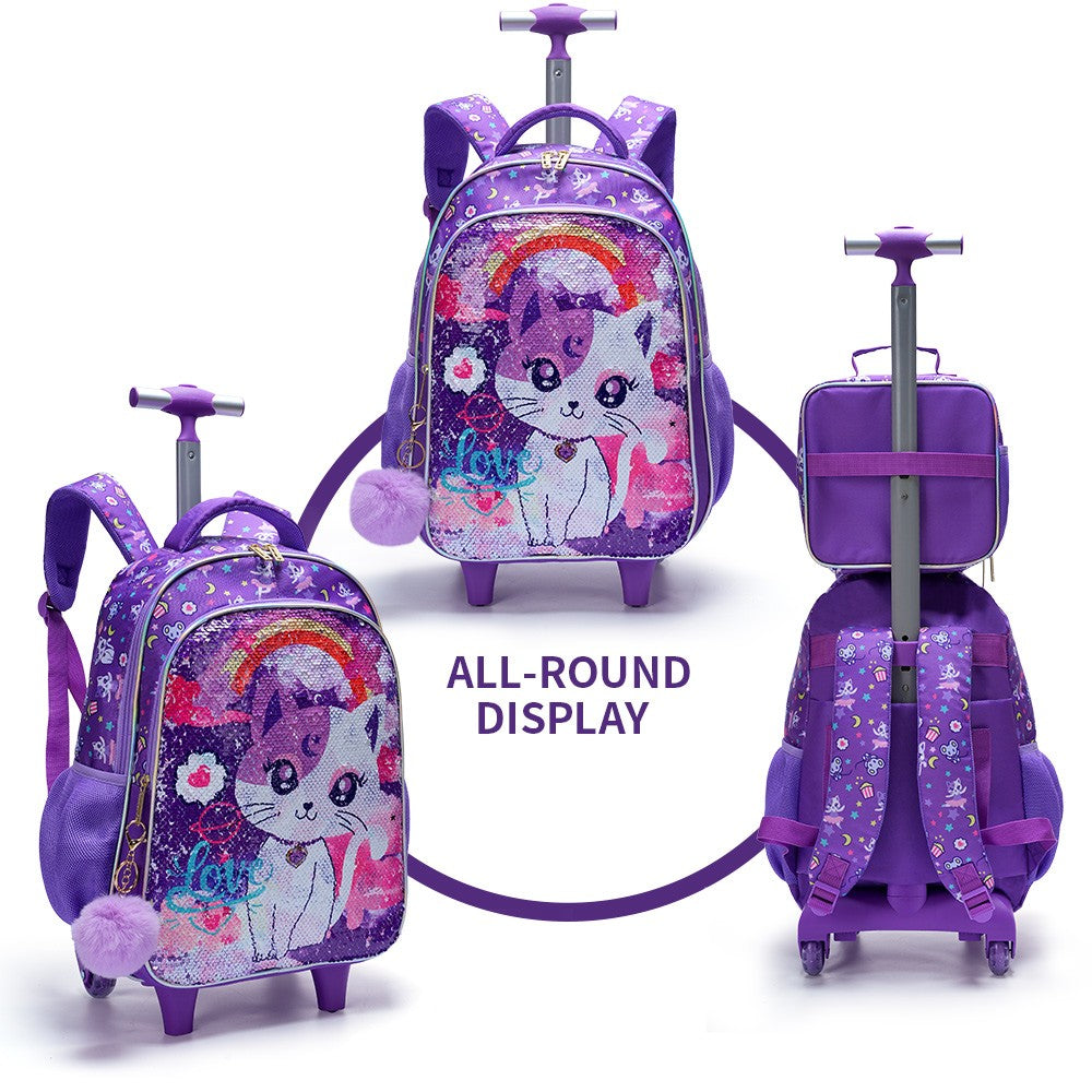 Conjunto de 3 peças Mochila de Rodinhas para Meninas, Linda Mochila Escolar com Rodas de Gatinho de Desenho Animado com Lantejoulas para Alunas do Ensino Fundamental, com Lancheira e Estojo