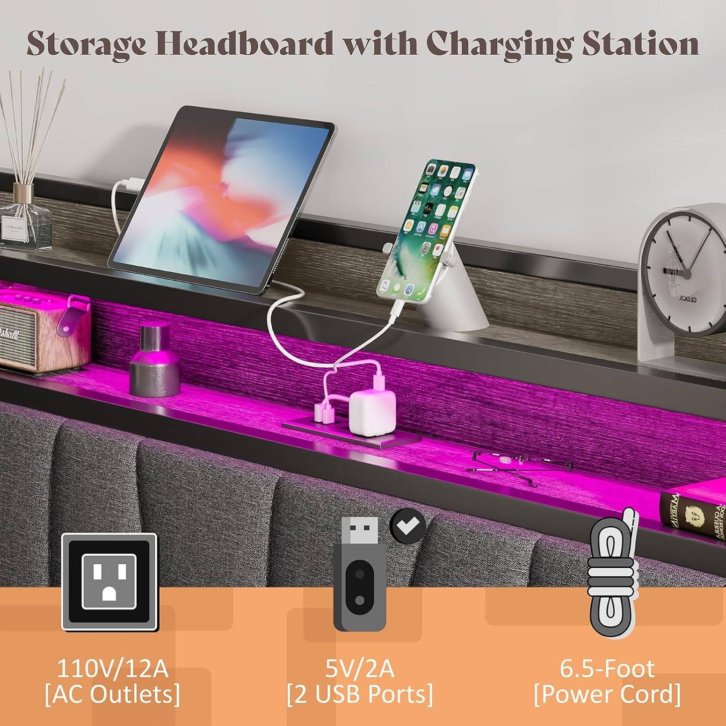 Estrutura de Cama Queen Size com Luzes RGB e Estação de Carregamento, Estrutura de Cama de LED com Cabeceira de Armazenamento Estofada em Linho, Serviço Pesado D