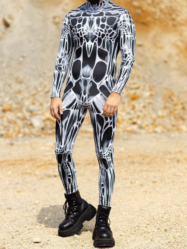 Unisex Sexy Black White Graphic Print Jumpsuit Halloween Line Art Muscle Cosplay Bodysuit Holiday Party Zentai Suit Rave Catsuit