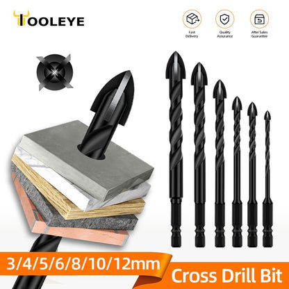 Conjunto de brocas TOOLEYE Cross Hex para concreto, porcelanato, vidro, metal, kit de brocas multifuncionais para ferramentas elétricas, brocas de perfuração