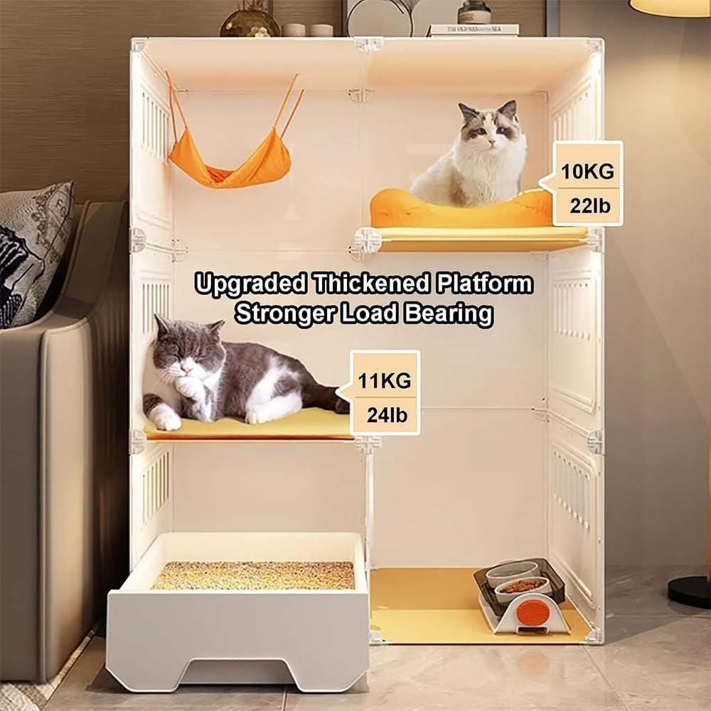 Gaiola Interna para Gatos: Villa Transparente de 2/3 Níveis, Plástico e Resina Espessos, Amarela, 71x46x71cm