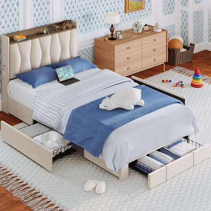 Cama de Solteiro com Estrutura e 3 Gavetas, Cama Plataforma Estofada com Cabeceira Armazenadora e Estação de Carregamento, Não Precisa de Box