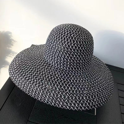 Chapéu de sol de palha de aba larga, chapéu de sol de malha de abajur de seda brilhante de verão, chapéu coco estilo Hepburn francês, chapéu de sol para praia ao ar livre
