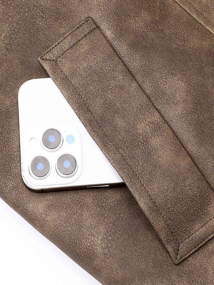 Plus Size Men's Casual Loose Fit Turndown Collar Motorcycle PU Leather Jacket, Suitable For Autumn, Zipper Front