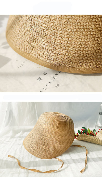 Chapéus de Sol de Festa Femininos FS Fashion Straw Regency Bonnets Hats para Mulheres Chapéu de Praia com Laço e Aba Grande Chapéu Cloche Fedora Chapeau Femme