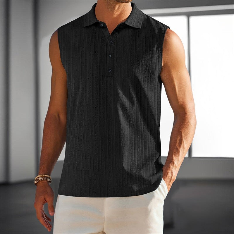 Men s Sleeveless Collared Tank Tops with Textured Stripes and Half Button-up Detail Solid Color Casual Shirts for Summer Wear