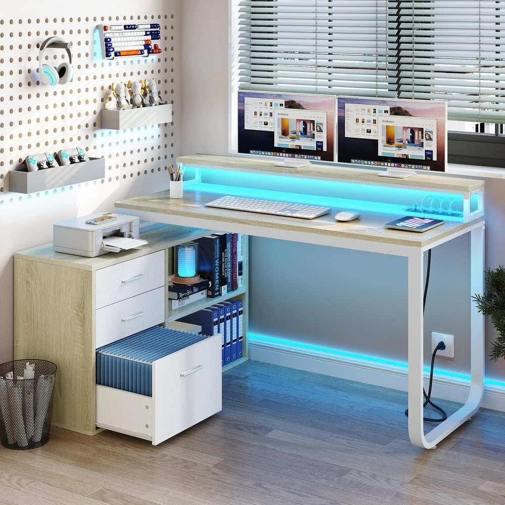 Mesa de computador para jogos em L com gavetas para arquivos para escritório em casa