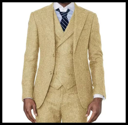 3 Pieces Green Wool Tweed Herringbone Business Retro Classic PatternTuxedos For Wedding Blazer Pants Vest