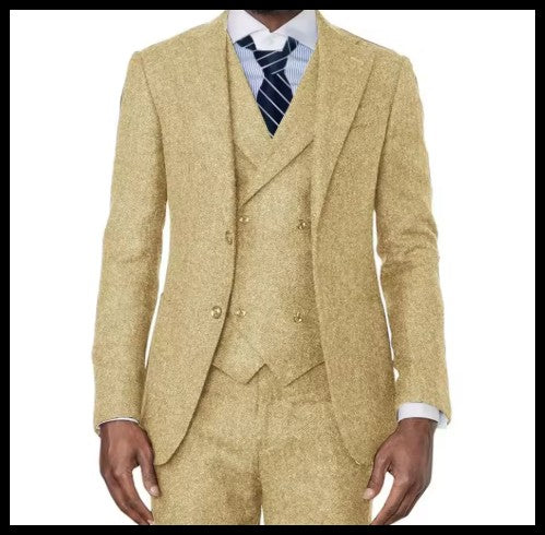 3 Pieces Green Wool Tweed Herringbone Business Retro Classic PatternTuxedos For Wedding Blazer Pants Vest