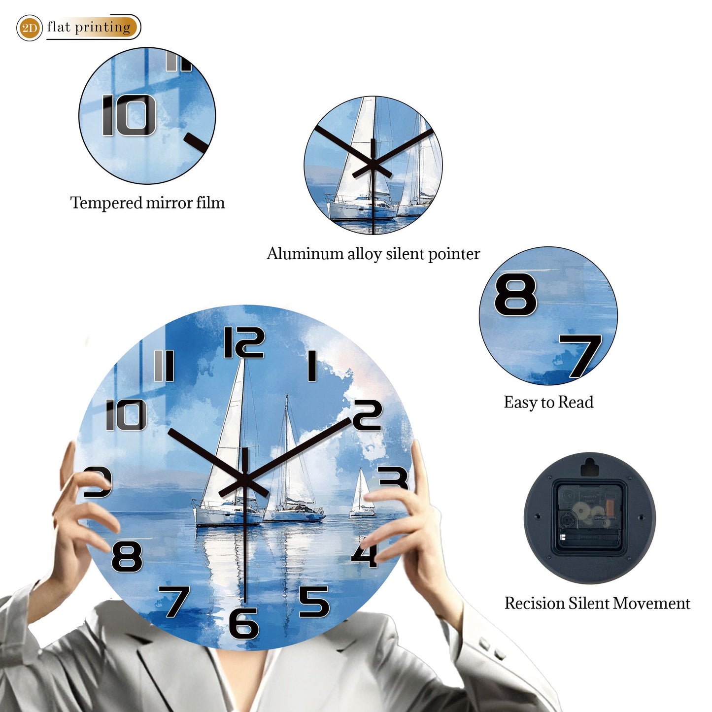 Sailboat Ocean Watercolor Wall Clock, Nautical Coastal Home Office Decor, Silent Quartz Movement Timekeeping Art