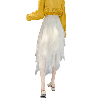 New Fairycore Lady ´s Fashionable Sexy Solid Color Mesh Skirt, Irregular Elastic Tulle Bubble Skirt, Daily Life and Vacation