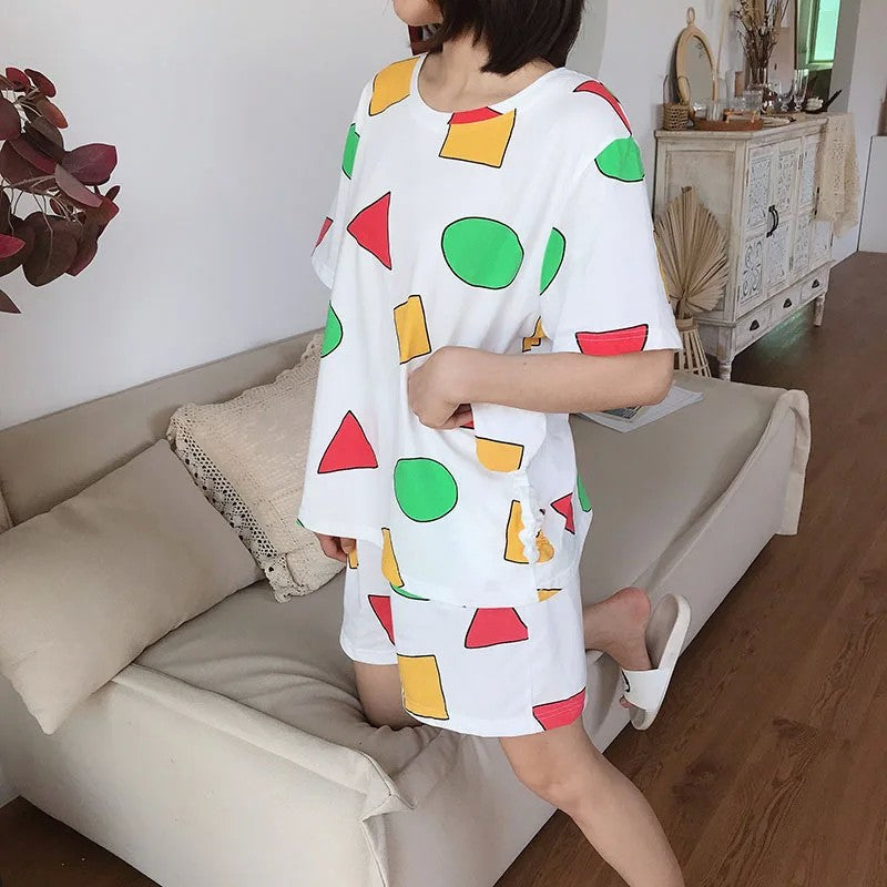 Japanese pajamas women's short-sleeved crayons Xiaoxin round neck with Korean loungewear trousers two-piece set