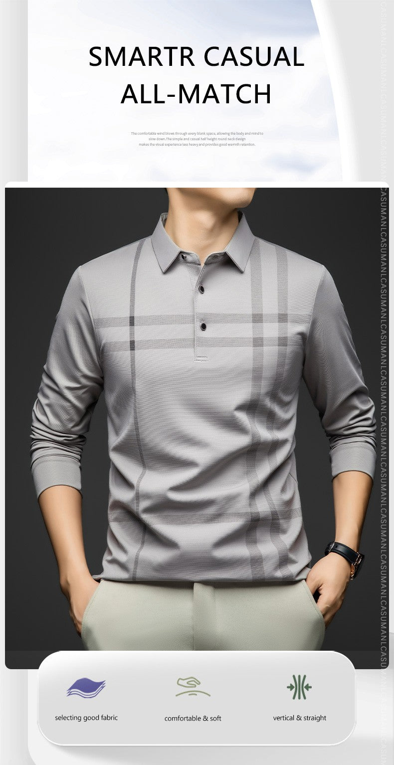 BROWON Graphic Polo Shirt Men 2025 Autumn New Business Slim Long Sleeve T Shirt Man Casual Loose Printed Striped Clothes for Men