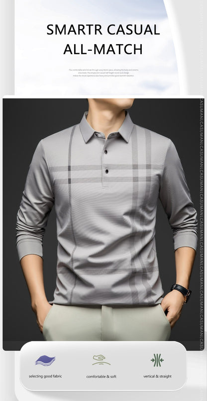 BROWON Graphic Polo Shirt Men 2025 Autumn New Business Slim Long Sleeve T Shirt Man Casual Loose Printed Striped Clothes for Men