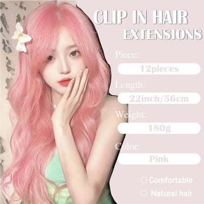 Apliques de Cabelo Rosa 12 Peças Apliques de Cabelo com Clipe de 55 cm de Comprimento Encaracolado Apliques de Cabelo Sintético Macio com Clipe