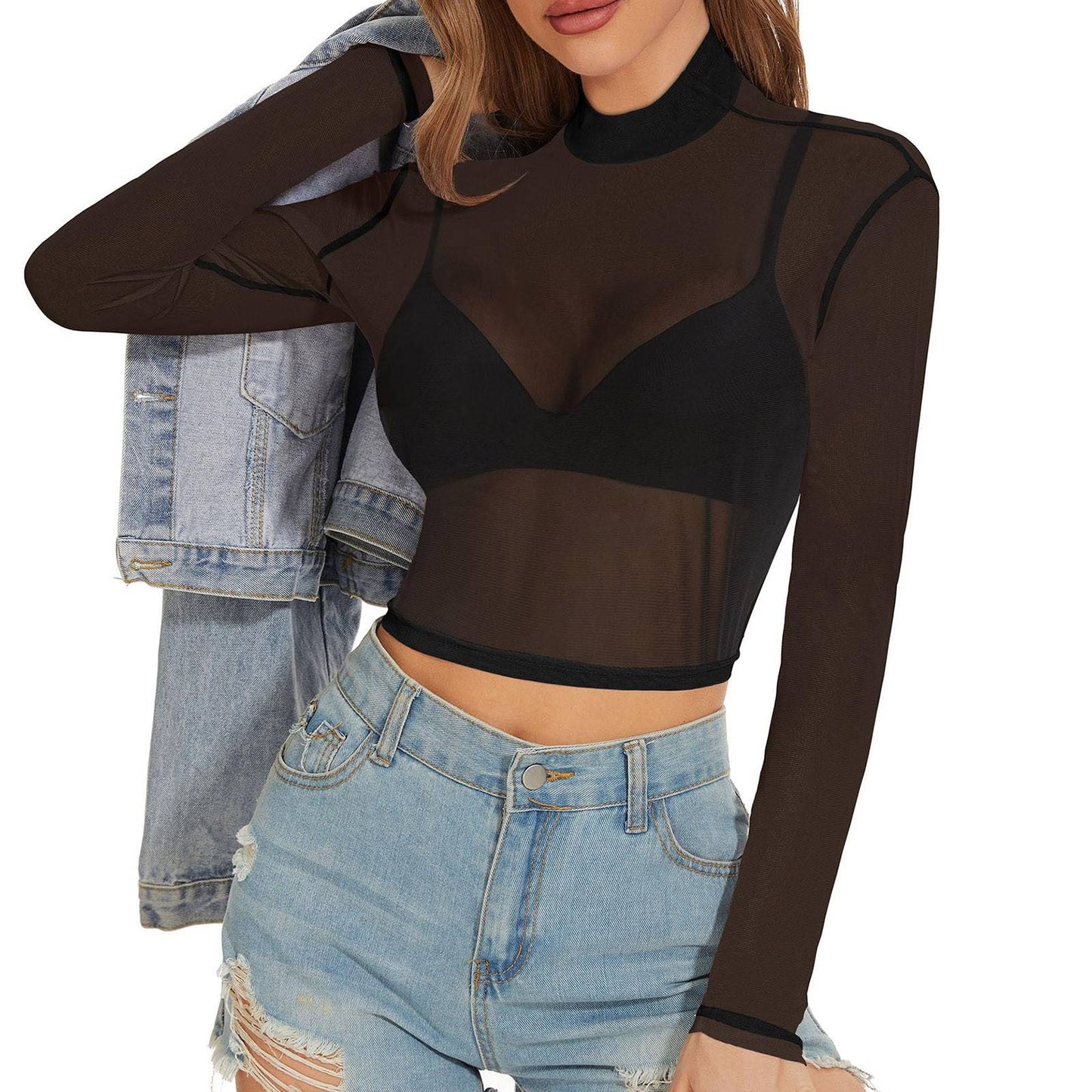 Sexy Women Crop Top See Through Mesh Tops Long Sleeve Sheer Slim Fit T Shirts Ladies Stretchy Transparent Bottomed Blouses
