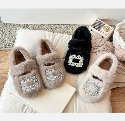 2025 Autumn Winter Children Warm Fur Shoes Fashion Rhinestone Moccasins Flats Outwear Girls Shoes Khaki, Beige, White