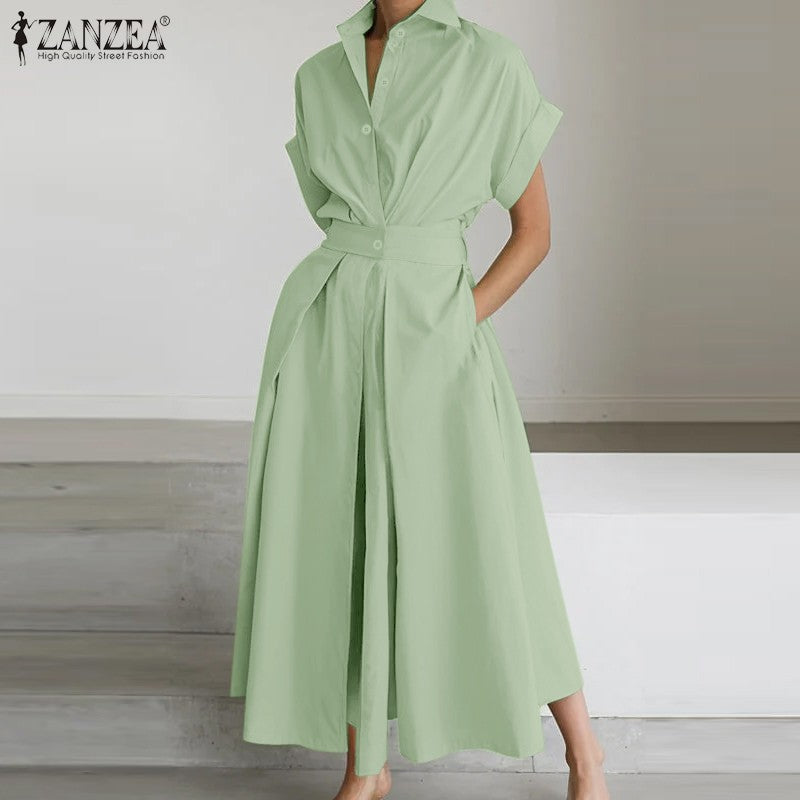 ZANZEA Women Fashion Summer Shirt Dress 2025 Elegant High Waist Short Sleeve Mid