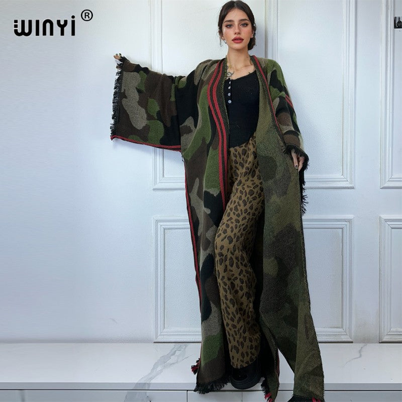 WINYI camouflage colour African women winter kimono long sleeve OverCoat abaya dubai luxury Open Front Long Cardigan party dress