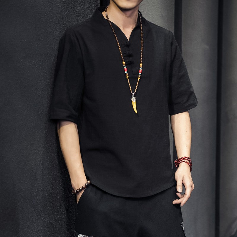 2023 Men Summer Cotton Linen Tang Shirt Men Chinese Style Button Short-Sleeved Shirts Male Blouse Vintage Kung Fu Hawaiian Shirt