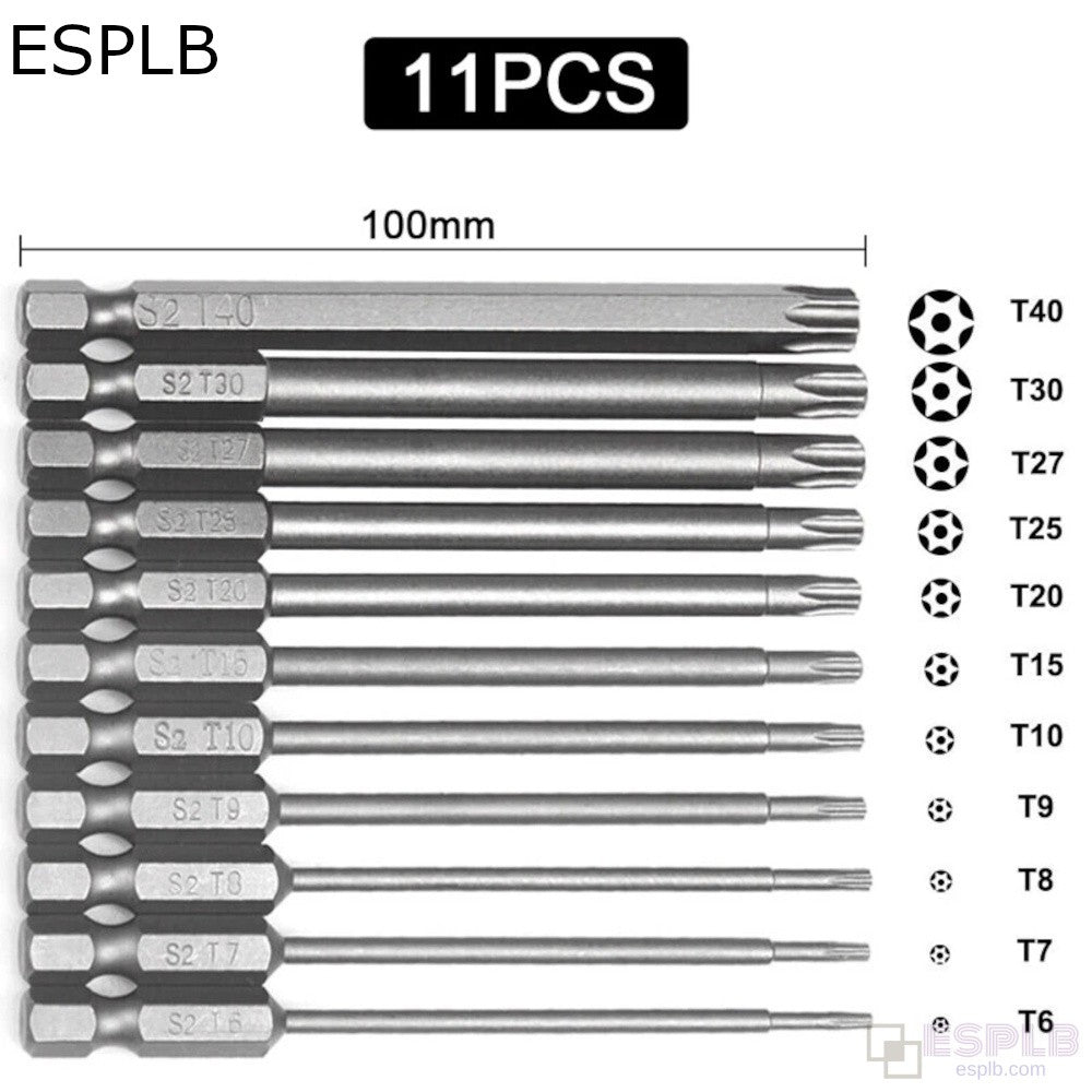 ESPLB 11pcs 100mm /12pcs 50mm 1/4" Hex Bits Driver Tamper Proof Security Drill Magnetic Bit Set Torx Screwdriver Flat Head