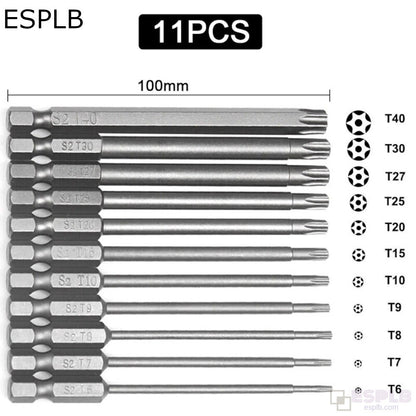 ESPLB 11pcs 100mm /12pcs 50mm 1/4" Hex Bits Driver Tamper Proof Security Drill Magnetic Bit Set Torx Screwdriver Flat Head