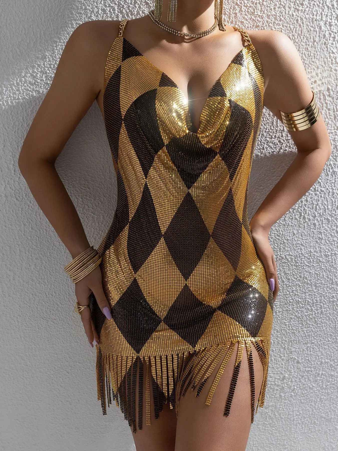 Sexy Metal Splice Backless Fashion Women's Dress Mini Skirt V-neck Sleeveless L22593 Cross-border Summer New Arrival