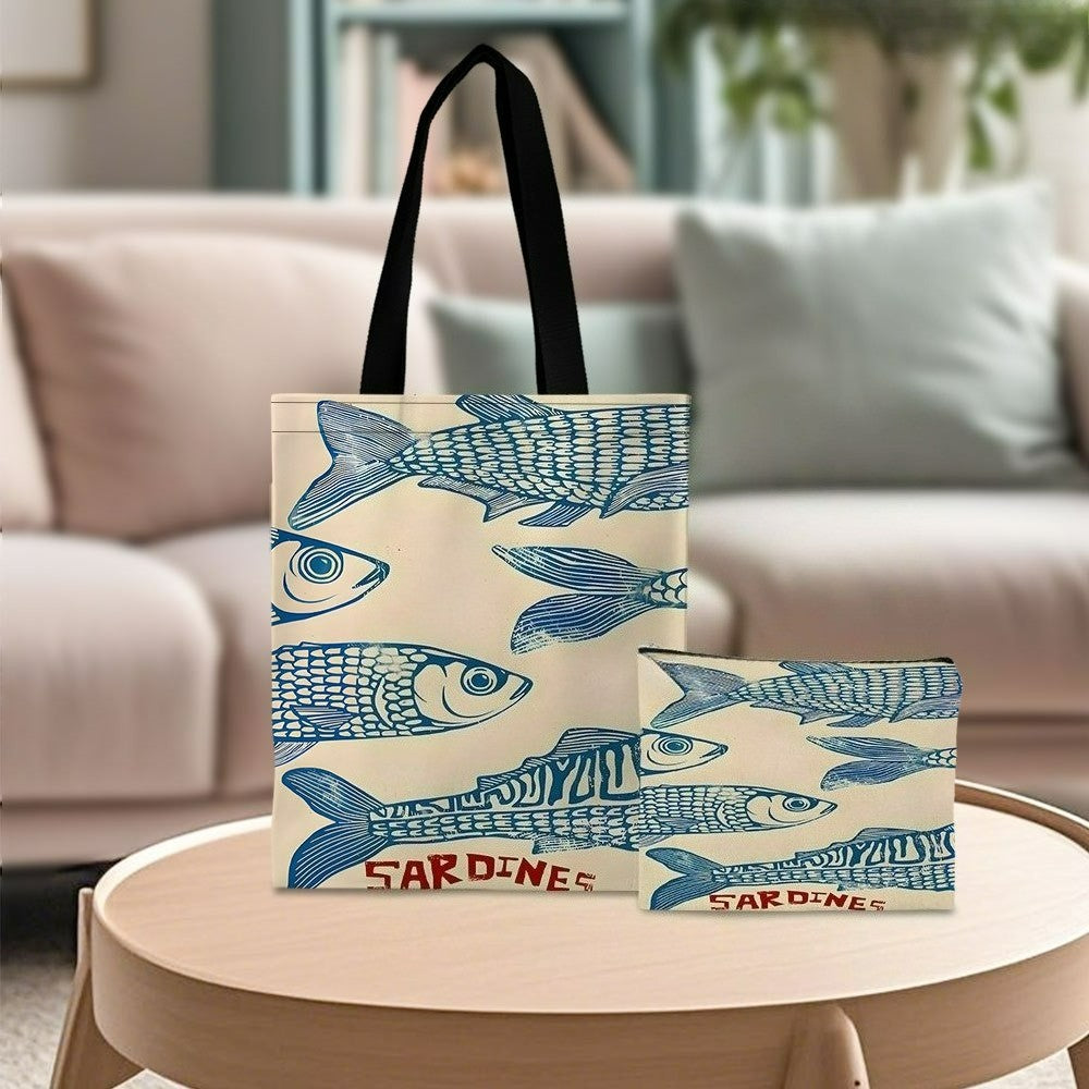 Blue Sardine Artwork Tote Bag Beach Bag with Makeup Bag Vibrant Design Reusable Shopping Bag Shoulder Bag Travel Toiletry Bag