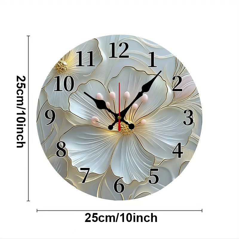 Golden & Pink Floral Wooden Round Silent Hanging Wall Clock, Suitable For Living Room,Office,Study Room, Bedroom,Home Decoration