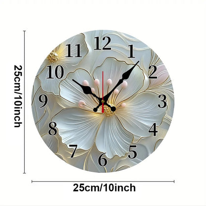Golden & Pink Floral Wooden Round Silent Hanging Wall Clock, Suitable For Living Room,Office,Study Room, Bedroom,Home Decoration