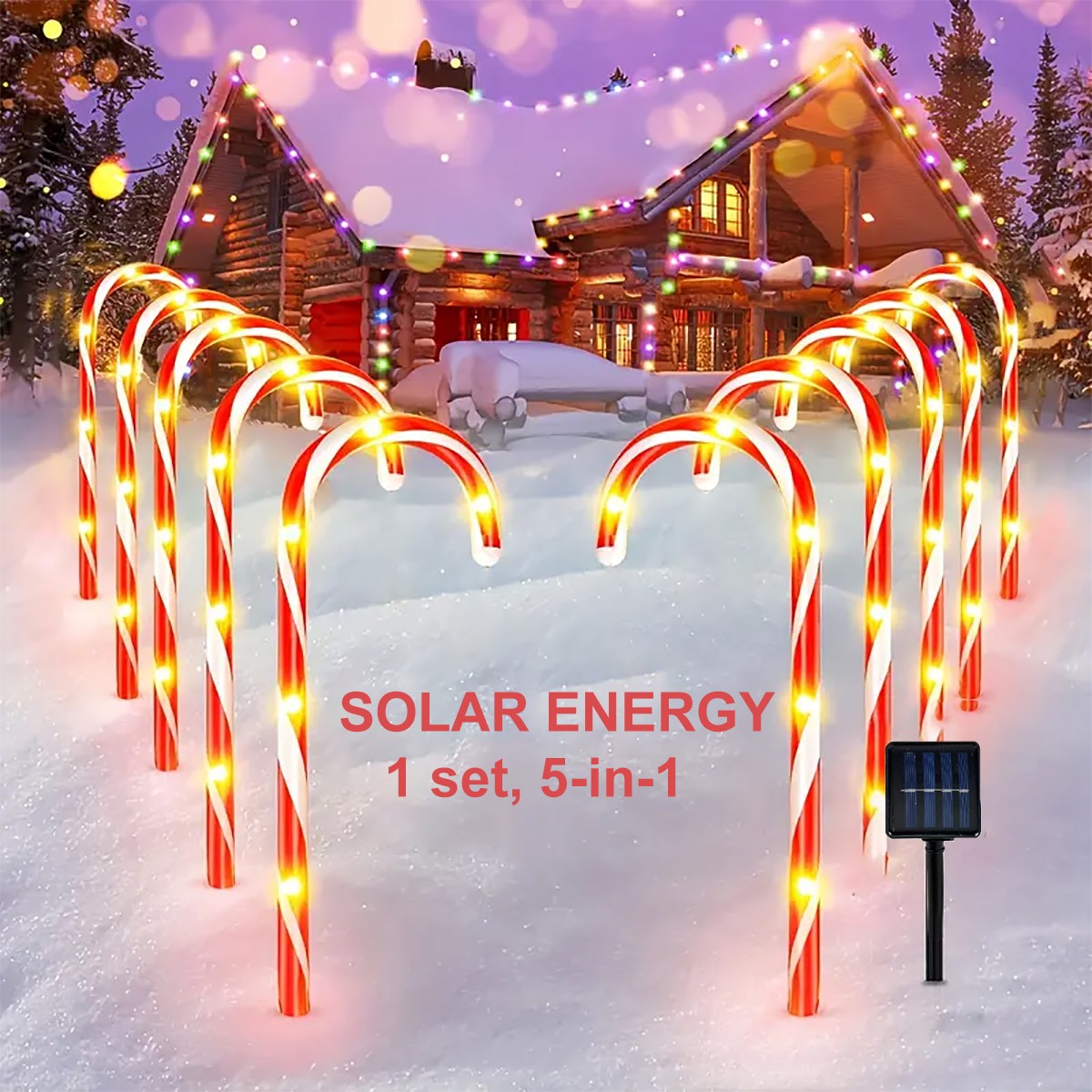1 set of 5-in-1 outdoor solar powered Christmas cane lights, suitable for decorating Christmas, gardens, and Christmas trees