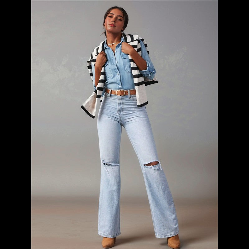 CGS-Women Double Pockets Spliced Decoration Denim Shirt Jacket Single-Breasted Lapel Casual Female Tops