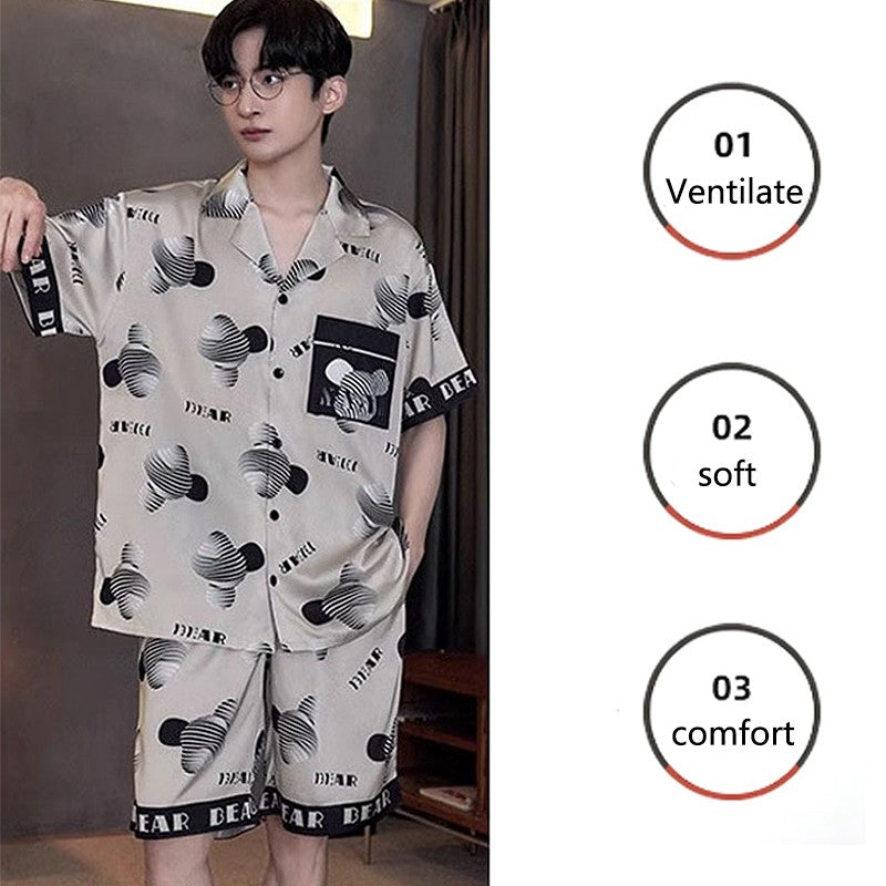 Large Size Men‘s Pajamas Set Ice Silk Cartoon Bear Short-Sleeved Student Two-Piece Button Tops and Pants Youth Student Sleepwear