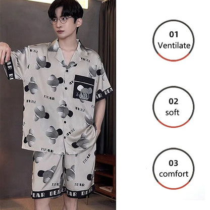 Large Size Men‘s Pajamas Set Ice Silk Cartoon Bear Short-Sleeved Student Two-Piece Button Tops and Pants Youth Student Sleepwear