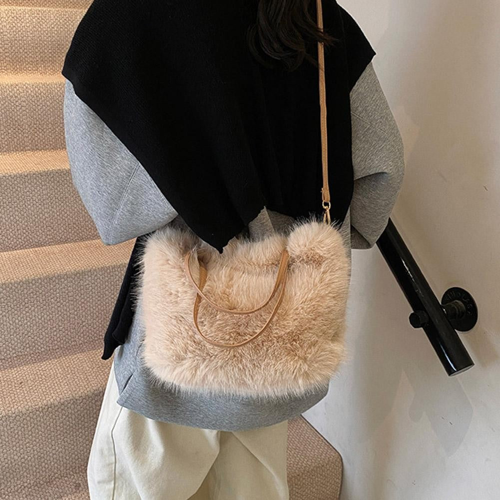 Faux Fur Tote Bag Women's Bucket Plush Light Luxury Ladies Handbags Soft Winter Crossbody Shoulder Bags