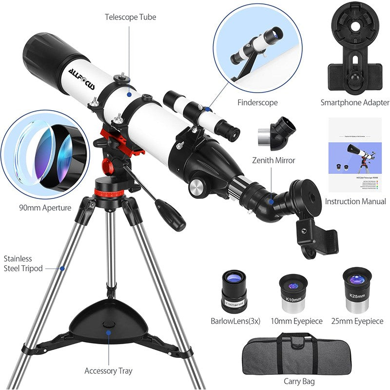 Telescópio Astronômico ALLFOC 80090, Alta Potência Grande Abertura HD Profissional para Observação do Espaço Profundo e Estrelas, Tripé??