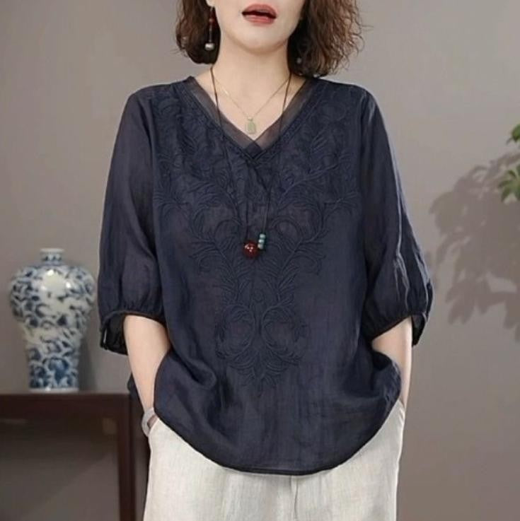 Summer New Literary Vintage Embroidery Cotton Linen Shirt Ladies Half Sleeve Loose Casual Fashion Blouse Women's Clothing Tops