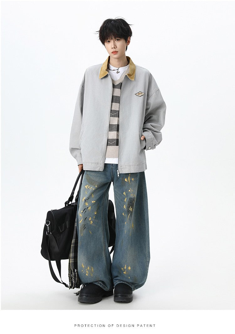 Maxbarley Trendy Cotton Jacket Men Autumn 2025 Hip-Hop Stitching Windproof Lapel Jackets K-Pop Antique Washed Motorcycle Coat