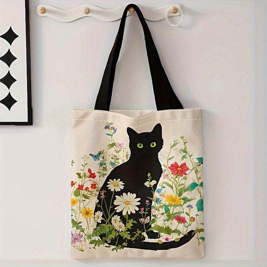 A Casual Tote Bag with a Cat And Flower Pattern, This Reusable Shoulder Shopping Bag