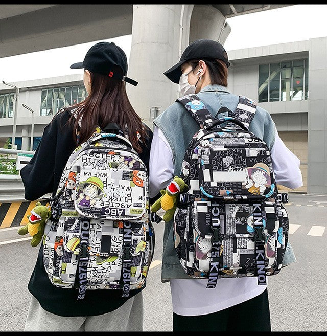 Anime Male and Female High-capacity One Piece Luffy Graffiti Printed Backpack for Middle High Students School Bag